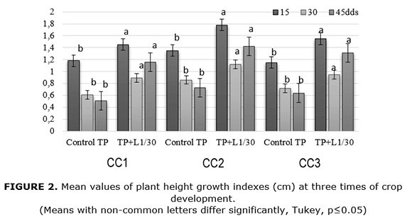 FIGURE 2. Mean values of plant height growth indexes (cm) at three times of crop development.