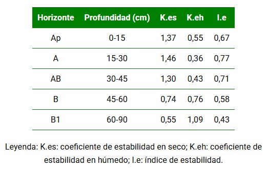 Coeficientes e índice de estabilidad de los agregados en los horizontes del perfil.