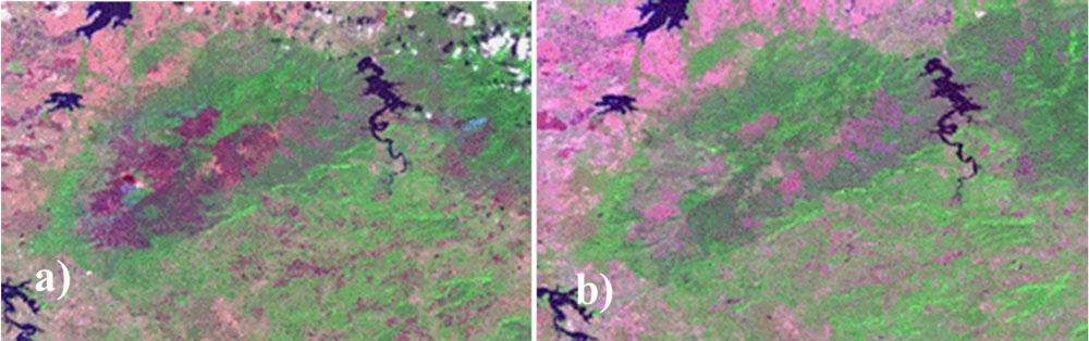 Comparativa entre las imágenes prefuego (a) y postfuego (b) utilizando esta composición en falso color SWIR/NIR/RED. Fuente: elaboración propia