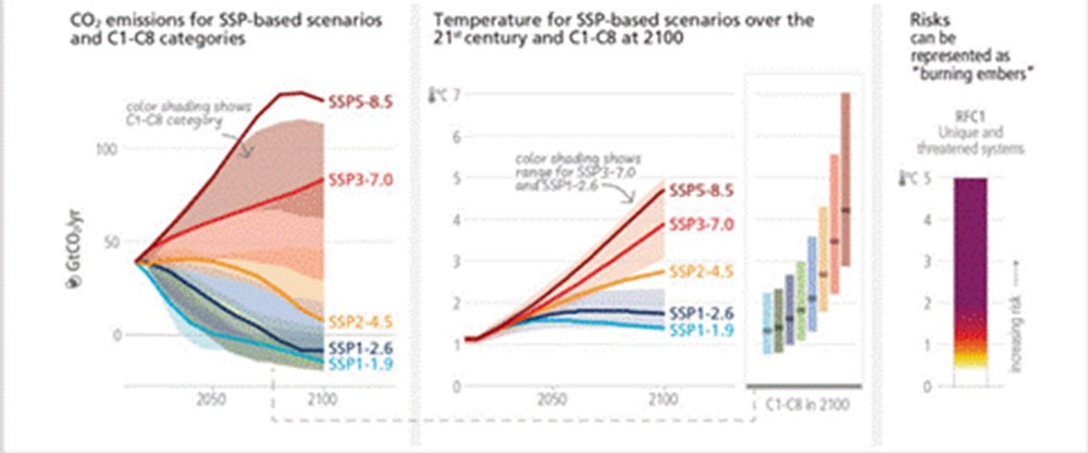 Impactos del cambio climático y riesgos relacionados con el clima, escenarios de cambio climático. Fuente: Tomada del IPCC (2023).